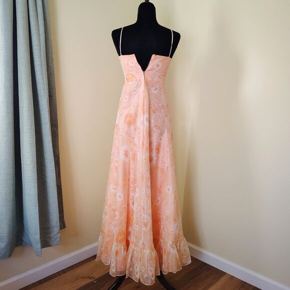 Vintage 70s Orange Sherbet Floral Chiffon Maxi Dress w/ Poet Sleeve Bolero - Picture 4 of 9